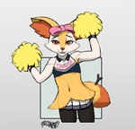 2022 accessory anthro bottomwear bow_accessory bow_ribbon brai-brai_(fulconarts) braixen breasts cheek_tuft cheerleader cheerleader_outfit clothing digital_media_(artwork) facial_tuft female fluffy fulconarts generation_6_pokemon hair_accessory hair_bow hair_ribbon heart_eyes heart_pupils heart_symbol hi_res looking_at_viewer miniskirt neck_tuft nintendo pokemon pokemon_(species) pom_poms ribbons short short_stack size_difference skirt slim small_breasts small_waist smaller_female smile smiling_at_viewer solo tuft