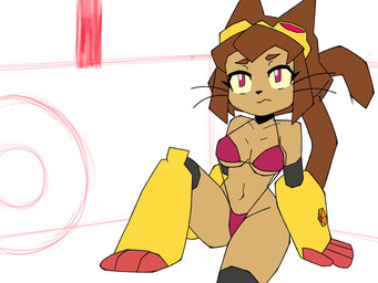 anthro breasts brown_body brown_hair clothing collarbone eyebrows eyelashes eyewear eyewear_on_head female goggles goggles_on_head hair one-piece_swimsuit pink_eyes sitting sling_bikini solo swimwear under_boob whiskers yellow_sclera keron5671 gameoverse glitch_productions kit_bodega domestic_cat felid feline felis mammal 2026 4:3 hi_res sketch