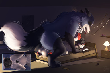 3_toes abdominal_bulge anal anal_penetration animal_genitalia animal_penis anthro anthro_on_feral balls bed bedroom_sex bestiality big_balls big_penis biped bodily_fluids broken_bed canine_genitalia canine_penis cum cum_inside dipstick_tail drooling duo erection feet feral furniture genital_fluids genitals half-erect huge_balls huge_penis knot knotted_penis leaking_cum male male/male markings nude penetration penile penile_penetration penis penis_in_ass quadruped questionable_consent saliva saliva_string sex sheath size_difference stepped_on tail tail_markings tears toes omalakai merrick_(tuxxcat) canid canine felid feline fox mammal 3:2 hi_res