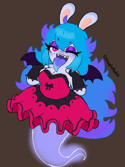 anthro arms_bent black_bow black_clothing black_eyebrows black_handwear black_mittens blue_body blue_hair blue_tongue blush blush_lines breasts brown_background cleavage clothed clothing dress eyebrow_through_hair eyebrows eyelashes fake_wings fangs female female_anthro fur hair half-closed_eyes handwear holidays legless long_ears looking_at_viewer medium_breasts mitten_hands mittens multicolored_body multicolored_tongue narrowed_eyes noseless one_eye_closed open_mouth open_smile pose purple_eyelids purple_hair purple_tongue red_clothing red_dress simple_background smile smiling_at_viewer solo tan_body tan_inner_ear tan_skin teeth text tongue tongue_out translucent translucent_hair two_tone_tongue white_body white_fur vampkettleartz halloween mario_bros mario_plus_rabbids_sparks_of_hope nintendo raving_rabbids rayman_(series) ubisoft midnite_(mario_plus_rabbids) ghost hybrid lagomorph mammal rabbid spirit 2023 artist_name colored crossover digital_drawing_(artwork) digital_media_(artwork) english_description hi_res shaded