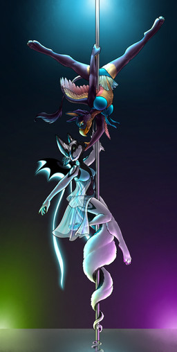 bikini breasts camel_toe clothing dancing feathers female fur navel nightgown non-mammal_breasts non-mammal_navel pole pole_dancing small_breasts swimwear two-piece_swimsuit wings unyko mythology hoshi_maris kin_(unyko) avian chimera gryphon mythological_avian mythological_creature hi_res