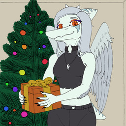 anthro black_bottomwear black_clothing black_crop_top black_pants black_shirt black_topwear blue_body bone bone_frill bottomwear breasts christmas_tree claws clothed clothed_anthro clothed_female clothing crop_top elbow_feathers feathered_wings feathers female finger_claws fingers frill_(anatomy) front_view gift grey_body grey_feathers grey_hair hair happy holding_object holidays humanoid_hands jewelry long_hair markings medium_breasts necklace non-mammal_breasts orange_eyes pants plant shirt short_tail skull smile solo standing striped_markings stripes tail topwear tree wings lorikani cavemanon_studios christmas goodbye_volcano_high ko_op_(game_developer) snoot_game fang_(gvh) prehistoric_species pterosaur reptile scalie 1:1 absurd_res colored hi_res