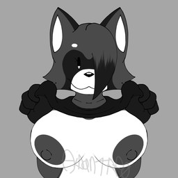 aidantheredpanda anthro big_breasts black_body black_fur breasts exposed_breasts female flashing flashing_breasts fur luna_the_raccoon nipples solo mammal procyonid raccoon 1:1 hi_res monochrome