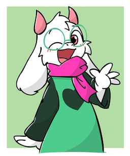 2_horns 4_fingers anthro black_sleeves clothed clothed_anthro clothing eyewear fingers floppy_ears fully_clothed fully_clothed_anthro fur gesture glasses green_clothing green_eyewear green_glasses green_robe headgear heart_clothing heart_symbol horn lop_ears male one_eye_closed open_mouth pink_horn pink_scarf robe scarf solo waving white_body white_fur elegydoodles deltarune undertale_(series) ralsei bovid caprine goat mammal 2026 5:6 half-length_portrait portrait
