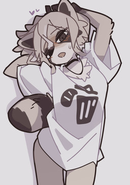 anthro blush bottomless breasts choker clothed clothing female female_anthro fur hair heart_symbol jewelry kemono looking_at_viewer necklace open_mouth shirt shirt_only solo t-shirt t-shirt_only tail topwear topwear_only yagi_the_goat mammal procyonid raccoon 2026 digital_media_(artwork) hi_res