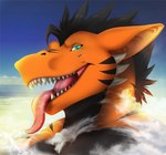 aircraft airplane anthro blue_eyes cloud flying lidded_eyes macro male sharp_teeth sky solo teeth tongue tongue_out vehicle kurtcbrox european_mythology mythology kurtcbrox_(character) dragon mythological_creature mythological_scalie scalie western_dragon 2019 absurd_res hi_res