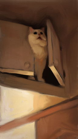 ambiguous_gender black_eyes detailed_shading feral fur in_cupboard no_pupils pink_nose solo white_body white_fur alexpahomov domestic_cat felid feline felis mammal 2021 detailed hi_res meme shaded