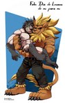 anthro beard belt blonde_hair blue_eyes bottomwear claws clothed clothing duo ear_piercing eye_contact facial_hair hair intimate jewelry looking_at_another male male/male mane nipples nude pants pecs piercing text topless leo_zeke bandai_namco digimon bear digimon_(species) leomon mammal absurd_res hi_res spanish_text translated