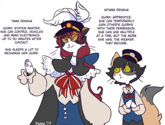 anthro bow_tie cape clothed clothing duo female fully_clothed fur hat hat_feather headgear headwear kepi loose_feather multicolored_body multicolored_fur paws regalia shirt simple_background text topwear uniform vest wearing_hat white_background princehoneytea my_hero_academia wakayama_electric_railway_co_ltd fan_character honorary_eternal_stationmaster_tama nitama_densha stationmaster_nitama tama_densha calico_cat deity domestic_cat felid feline felis mammal 2017 english_text