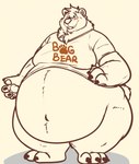 anthro belly big_belly blush bottomless chubby_cheeks claws clothed clothing eyewear footprint fur glasses male moobs navel obese obese_anthro obese_male open_mouth open_smile overweight overweight_anthro overweight_male pawprint pince-nez smile solo standing text toe_claws wide_hips razigator bear mammal english_text hi_res