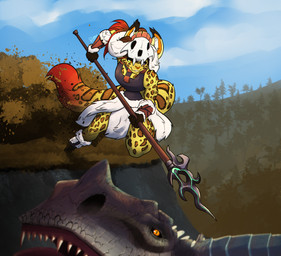 anthro clothed clothing day detailed_background duo female holding_melee_weapon holding_object holding_polearm holding_spear holding_weapon melee_weapon open_mouth outside polearm sky smile spear teeth tongue weapon feretta dinosaur felid leopard mammal pantherine prehistoric_species reptile scalie 2020 digital_media_(artwork) hi_res