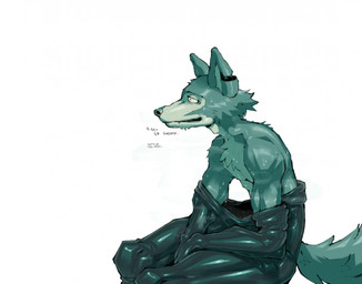 anthro bodily_fluids clothed clothing drone dronesuit fangs latex latex_clothing latex_skinsuit male notched_ear partially_clothed simple_background sitting skinsuit smile solo sweat tail teeth text tight_clothing white_background a_guy_somewhere beastars legoshi_(beastars) canid canine canis mammal wolf english_text hi_res
