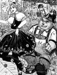 anthro clothing dancing female flower group hair hat headgear headwear lederhosen long_hair male plant trio kinai_the_3rd lifewonders live_a_hero flamier_(live_a_hero) goro_(live_a_hero) lilac_(live_a_hero) bear human mammal 3:4 hi_res monochrome sketch