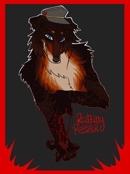 anthro blood bodily_fluids border clothing gore grin hat headgear headwear looking_at_viewer male outline red_border scar self-harm self-harm_scars smile solo teeth vent_art puppy_meats canid canine canis domestic_dog mammal half-length_portrait hi_res portrait