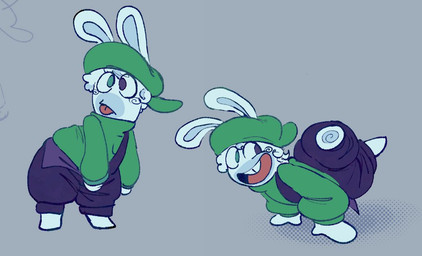 anthro backwards_hat blue_body blue_clothing blue_eyes blue_inner_ear blue_overalls blue_pawpads blue_skin clothed clothed_anthro clothed_male clothing curly_hair dancing featureless_legs fully_clothed fully_clothed_anthro fully_clothed_male green_clothing green_eyes green_hat green_headwear green_shirt green_topwear grey_background hair happy hat headgear headwear heterochromia leaning leaning_forward legs_up long_ears male mitten_hands mouth_closed multicolored_body noseless open_mouth open_smile overalls pawpads red_tongue shirt simple_background smile solo spiral_markings standing thick_thighs tongue tongue_out topwear two_tone_body white_hair critterzone13 mario_bros mario_plus_rabbids_kingdom_battle nintendo raving_rabbids rayman_(series) ubisoft rabbid_luigi lagomorph mammal rabbid 2023 crossover digital_drawing_(artwork) digital_media_(artwork) english_description flat_colors multiple_scenes