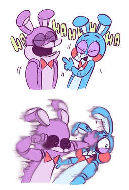 4_fingers anthro attack black_sclera blue_body bow_tie buckteeth crush duo eyes_closed fight fingers gesture green_eyes hand_gesture hand_on_face laugh machine male motion_blur motion_lines open_mouth pointing pointing_at_another punch purple_body rosy_cheeks simple_background teeth text toony white_background mitsubachipan five_nights_at_freddy's five_nights_at_freddy's_2 scottgames bonnie_(fnaf) toy_bonnie_(fnaf) animatronic lagomorph leporid mammal rabbit robot 2016 english_text hi_res