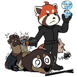 4_toes angry anthro barefoot baton black_bottomwear black_clothing black_topwear bottomwear bound brown_body brown_clothing brown_fur brown_shirt brown_topwear burglar burglary captured clothed clothing diamond_(gem) duo electric_shock electronics electroshock_weapon feet foot_focus fully_clothed fur gem hands_behind_back looting male pawpads plantigrade restraints robber robbery robbing rope security security_guard security_uniform shirt simple_background stealing submissive submissive_male text thief thief_outfit thug toes topwear walkie-talkie weapon white_background tonyhsq piping_(pipingwilliam) ailurid canid canine canis dachshund domestic_dog hunting_dog mammal red_panda 1:1 english_text