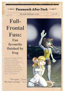 anthro arena areola breasts clothed clothing duo exposed female genitals hair humanoid_genitalia humanoid_vulva kneeling light navel newspaper nipples on_display partially_clothed pink_areola pink_nipples public public_exposure shadow standing text undressed vulva wavy_hair nuttychooky pawkaf amphibian frog mammal mouse murid murine rodent english_text hi_res