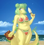 anthro beach bikini blue_eyes book clothed clothing colored_nails female food green_hair hair hair_bun nails navel popsicle sky slightly_chubby solo standing swimwear twin_buns two-piece_swimsuit yellow_body kaprakaz cavemanon_studios goodbye_volcano_high snoot_game stella_(gvh_beta) dinosaur ornithischian prehistoric_species reptile scalie stegosaurian stegosaurus thyreophoran hi_res