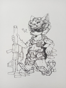 ambiguous_gender armor artist_machinel cannon cannonball glowing glowing_eyes gun kneeling machine metallic_body ranged_weapon robot_eyes solo weapon humanoid living_machine robot robot_humanoid 3:4 absurd_res hi_res monochrome