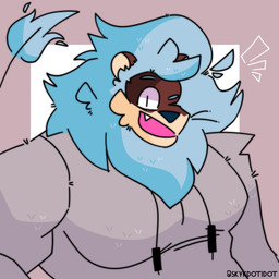 anthro blue_eyebrows blue_mane blue_tail_tuft clothing drawstring_topwear emanata eyebrows front_view grey_clothing grey_topwear looking_at_viewer male mane muscular muscular_anthro muscular_male one_eye_closed open_mouth open_smile pupils simple_background slit_pupils smile smiling_at_viewer solo tail tail_tuft teeth text topwear tuft white_background white_sclera wink winking_at_viewer skykdotidot river_(belliesandbutts) felid lion mammal pantherine 1:1 2024 absurd_res artist_name digital_drawing_(artwork) digital_media_(artwork) half-length_portrait hi_res portrait