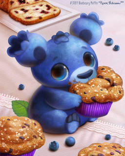 ambiguous_gender blue_body blue_eyes blueberry_(fruit) bread eating feral food fruit humor leaf looking_at_viewer muffin plant pun smile solo tablecloth text visual_pun piper_thibodeau bear food_creature mammal 2021 4:5 digital_media_(artwork) digital_painting_(artwork) english_text hi_res painting_(artwork)