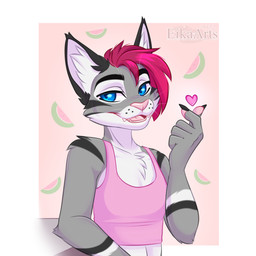 5_fingers anthro chest_tuft clothing fingers food fruit fur grey_body grey_fur heart_symbol male melon open_mouth pink_clothing pink_shirt pink_topwear plant shirt simple_background smile solo teeth tongue topwear tuft watermelon white_body white_fur ei-ka domestic_cat felid feline felis mammal 1:1 2022 digital_media_(artwork) hi_res