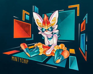 abstract_background ambiguous_gender anthro big_ears blue_body cheek_tuft drone facial_tuft glistening glistening_body glistening_latex hand_on_head large_paws latex machine null_bulge paws red_body sitting sitting_on_ground solo spread_legs spreading tuft visor white_body white_paws yellow_body mintychipart nintendo pokemon rubbermon android animate_inanimate cinderace generation_8_pokemon lagomorph leporid living_clothing mammal pokemon_(species) rabbit robot 2025 digital_drawing_(artwork) digital_media_(artwork) hi_res krita_(artwork) shaded