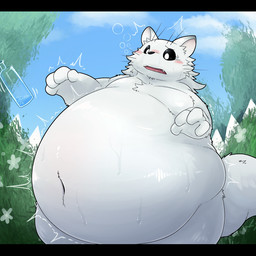 ambiguous_gender anthro belly belly_expansion big_belly black_bars blush blushing_profusely bodily_fluids bottle bubble bubble_from_mouth cheek_spots cloud container expansion eyelashes flower fur fur_tuft huge_belly hyper hyper_belly inflation nature navel open_mouth outside plant shocked shrub soda_bottle soda_inflation solo standing sweat sweating_profusely tuft whiskers white_body white_fur novtoon mammal mustelid musteline true_musteline weasel 1:1 colored letterbox