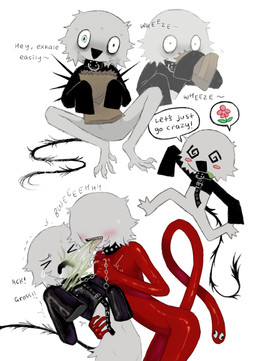 4_toes :d >_< ambiguous_gender ambiguous_humanoid black_clothing black_collar black_shirt black_tail black_topwear blush blush_stickers bodily_fluids bottomless bottomless_ambiguous bottomless_humanoid chain chain_leash chibi chibi_inset clothed clothing collar duo emetophilia eyeless eyes_closed feet forced fur grey_body grey_fur holding_bag holding_leash holding_object latex latex_clothing latex_shirt latex_straitjacket latex_topwear leash nervous nervous_smile nervous_sweat open_mouth open_smile pink_flowers red_body red_skin red_tail restraints scared shirt sitting smile speech_bubble spiked_collar spikes straitjacket sweat tail teeth text toes topwear vomit vomiting yellow_teeth jejejunum mumble_(jejejunum) screech_(jejejunum) demon demon_humanoid humanoid tailed_humanoid 2026 digital_drawing_(artwork) digital_media_(artwork) english_text hi_res multiple_images