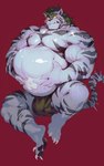 anthro bandage barazoku belly big_belly black_stripes bulge claws fur green_hair hair hand_on_belly holding_belly inflation male mostly_nude muscular muscular_male pecs plantigrade solo striped_body stripes underbite white_body null-ghost yu_yu_hakusho byakko_(yu_yu_hakusho) felid mammal pantherine tiger hi_res