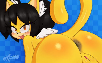 accessory anthro anus bent_over big_butt black_hair black_nose blue_background blush butt butt_focus female genitals hair hair_accessory hairband looking_at_viewer open_mouth pattern_background pigtails red_eyes simple_background solo three-quarter_view vulva wings yellow_body yellow_skin excito sega sonic_the_fighters sonic_the_hedgehog_(series) honey_the_cat domestic_cat felid feline felis mammal 2020 digital_media_(artwork) hi_res