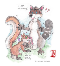 animal_genitalia animal_penis aroused balls big_balls dialogue duo eggplant_emoji erection exclamation_point feral focused genitals interspecies male male/male oral penis question_mark raccoon_penis raised_tail size_difference size_play surprised tail text fennec_(artist) dreamworks over_the_hedge hammy_(over_the_hedge) rj_(over_the_hedge) mammal procyonid raccoon rodent sciurid tree_squirrel painting_(artwork) traditional_media_(artwork) watercolor_(artwork)