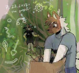 anthro bag black_bottomwear black_clothing black_nose black_shirt black_shorts black_t-shirt black_topwear bodily_fluids bottomwear brown_body brown_eyes brown_fur brown_hair brown_tail closed_smile clothed clothed_anthro clothed_male clothing detailed_background duo forest fully_clothed fully_clothed_anthro fully_clothed_male fur grey_clothing grey_ears grey_shirt grey_t-shirt grey_topwear hair holding_object leaf male male_anthro mouth_closed neck_tuft outside plant rainbow shirt shorts shovel smile stick sun_symbol sweat symbol t-shirt tail text tools topwear tree tuft white_body white_fur birdpaw_(artist) mythology fursona_(birdpaw) kai_(desertmotels) akita american_akita arthropod canid canine canis caterpillar domestic_dog dragon furred_dragon furred_scalie insect larva mammal mythological_creature mythological_scalie reptile scalie snake spitz 2025 dated english_text hi_res