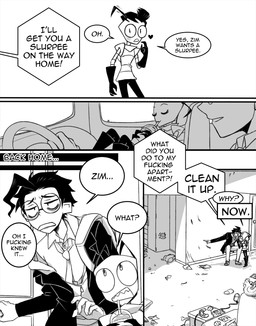 aged_up ahoge antennae_(anatomy) bald black_hair bottomwear car_interior clothed clothing detailed_background dialogue driving duo eyewear footwear frown glasses gloves hair handwear male not_furry open_mouth profanity round_glasses sharp_teeth sitting speech_bubble teeth text topwear wig inimoose invader_zim nickelodeon dib_membrane zim_(invader_zim) alien alien_humanoid human humanoid irken mammal comic digital_media_(artwork) english_text hi_res monochrome