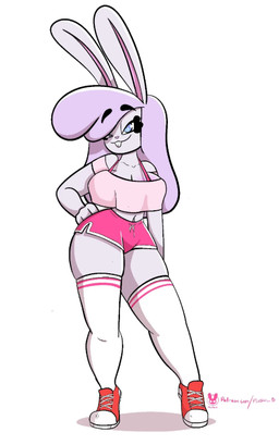 anthro blue_eyes bottomwear clothing female hair hand_on_hip logo long_hair pose purple_hair shirt shorts side_eye simple_background tank_top topwear white_background workout_clothing plushii_b lavender_buns lagomorph leporid mammal rabbit artist_logo