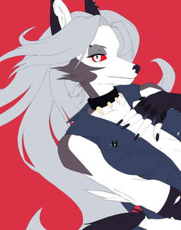 anthro clothing collar ear_piercing erect_nipples eyebrow_piercing facial_piercing female gloves handwear nipple_outline nipple_piercing nipples piercing red_eyes simple_background solo topwear vest mofa monster_factory hellaverse helluva_boss mythology loona_(helluva_boss) canid canid_demon canine demon hellhound mammal mythological_canine mythological_creature absurd_res hi_res