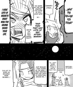 angry blush female fire heart_eyes heart_symbol magic_user male not_furry text jin_(mugenjin) elfxorc elf human humanoid mammal orc comic english_text monochrome