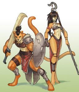anthro armband armor black_sclera bottomwear breasts cleavage clothed clothing digitigrade duo ear_piercing female fingerless_gloves gloves greaves handwear jewelry legband loincloth male melee_weapon necklace pauldron piercing shield simple_background staff sword thighband topknot tribal warrior weapon luigiix felid mammal