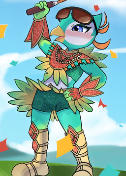 4_fingers anthro armor aroused aroused_smile beaded_breastplate beaded_clothing beads beak blue_eyes blush blush_lines boots bottomwear breastplate clothed clothing cloud confetti crop_top eye_markings eyeliner eyewear eyewear_on_head facial_markings feathered_breastplate feathered_clothing feathered_skirt feathers femboy fingers flamboyant footwear gauntlets gem glistening glistening_eyes gloves golf golf_club golf_course gradient_arms gradient_body gradient_legs grass grass_field green_arms green_body green_bottomwear green_clothing green_crop_top green_face green_feathers green_hands green_hotpants green_legs green_shirt green_shorts green_topwear hand_on_hip hand_on_own_hip handwear head_markings hill hotpants humanoid_hands makeup male markings mask_(marking) midday midriff multicolored_body multicolored_feathers open_beak open_mouth open_smile orange_body orange_feathers plant raised_arm raised_bottomwear raised_clothing raised_skirt red_breastplate red_clothing red_gauntlet samba_outfit shirt shoes shorts skirt sky skyscape smile solo sparkles sparkling_clothing sport sunglasses sunglasses_on_head tan_boots tan_clothing tan_footwear tongue topwear tournament victory victory_pose white_body white_eye_markings white_face white_facial_markings white_feathers white_head_markings white_markings white_mask_markings white_torso wind wind_lift yellow_beak milklemon5127 bird_body_(nintendo_switch_sports) avian bird absurd_res colored digital_drawing_(artwork) digital_media_(artwork) hi_res