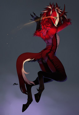 anthro arm_tuft backsack balls black_body black_fur black_stripes butt elbow_tuft fangs fur genitals grey_background horn looking_at_viewer male mouth_closed multicolored_body multicolored_fur neck_tuft nude pupils red_body red_fur red_horn simple_background slit_pupils solo striped_legs stripes teeth three-quarter_view tuft white_body white_fur yellow_eyes riorix species_request 2017 dated full-length_portrait hi_res portrait signature