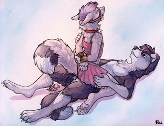 anal anal_penetration anthro anthro_on_anthro ball_gag bdsm bodily_fluids bondage bottomwear bound clothed clothing collar cowgirl_position crossdressing cum cum_in_ass cum_inside dominant dominant_male duo femboy from_front_position fur gag gagged genital_fluids grey_body grey_fur halter hands_behind_back harness harness_ball_gag harness_gag lying male male/male male_on_bottom male_on_top male_penetrated male_penetrating male_penetrating_male muzzle_(object) muzzled nude on_back on_bottom on_top penetration purple_body purple_fur red_collar sex skirt straddling submissive submissive_male tail upskirt_sex ruaidri canid canine canis domestic_dog mammal 2014