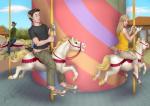 2019 2020 amusement_ride background_character blonde_hair bottomwear bridle brown_hair carousel clothed clothing detailed_background ear_transformation equid equine female foot_transformation fused_fingers genitals hair hooves horse human human_to_feral looking_at_hand male mammal mid_transformation panties pants penis permanent permanent_transformation reins rufciu saddle shocked species_transformation torn_bottomwear torn_clothing torn_pants torn_shoes transformation underwear zebra