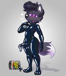 anthro balls black_body black_hair blush bodily_fluids bodysuit clothed clothing condom condom_suit cum cum_in_clothing cum_in_pants filled_condom fur genital_fluids genitals glistening glistening_body grey_body grey_fur hair latex latex_clothing latex_skinsuit looking_pleasured male penis purple_eyes rubber_clothing sexual_barrier_device skimpy skinsuit solo standing tight_clothing wearing_condom acstlu flex_seal phursie canid canine fox mammal cum_in_suit hi_res