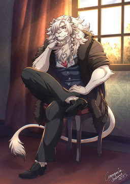 accessory anthro bottomwear braided_hair celtic_knot chair clothing curtains footwear fur furniture grey_hair hair hand_on_chin inside jacket male multicolored_hair necktie on_chair pants shoes sitting sitting_on_chair solo tail tail_tuft topwear tuft two_tone_hair white_body white_fur white_hair window crescentia_fortuna felid lion mammal pantherine 2025 dated hi_res signature