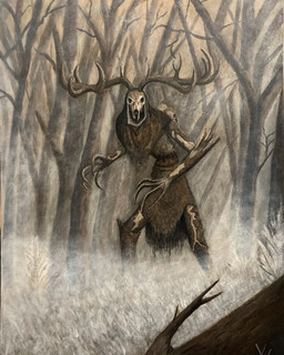 ambiguous_gender anthro antlers bone bone_mask clothing forest forest_background horn mask nature nature_background plant skull skull_mask solo torn_clothing tree wentz37 leshen hi_res