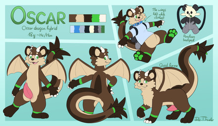 anthro backpack claws collar fangs feral genitals horn male pawpads paws penis plushie solo tail teeth text wings jake_the_traveler mythology nintendo pokemon fan_character oscar_(lupinebear) bear dragon generation_6_pokemon hybrid mammal mustelid mythological_creature mythological_scalie otter pancham pokemon_(species) scalie 2024 absurd_res character_name digital_media_(artwork) english_text hi_res model_sheet