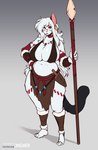 2021 absurd_res anthro big_breasts breasts cleavage clothed clothing curvy_figure domestic_cat ear_piercing ear_ring felid feline felis female hi_res inu-sama jocasta_(dogsmith) looking_at_viewer mammal melee_weapon piercing polearm ring_piercing solo spear voluptuous voluptuous_female weapon wide_hips