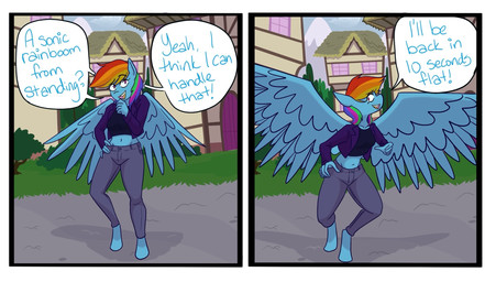 anthro barefoot black_border black_clothing black_topwear blue_body blue_feathers blue_fur border bottomwear breasts clothed clothing dialogue eyelashes feathered_wings feathers feet female front_view fur grey_bottomwear grey_clothing grey_pants hair hand_on_hip hooves jacket multicolored_hair navel pants purple_clothing purple_eyes purple_jacket purple_topwear small_breasts solo speech_bubble text thick_thighs topwear white_border wide_hips wings blueycitrus friendship_is_magic hasbro my_little_pony mythology rainbow_dash_(mlp) equid equine mammal mythological_creature mythological_equine pegasus comic english_text hi_res