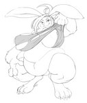 anthro areola bangs belly_overhang big_areola big_breasts big_ears big_feet big_hands bottomless breasts bulging_breasts claws clothed clothing clothing_lift crouching feet female huge_breasts mostly_nude nipples overweight overweight_anthro overweight_female shirt shirt_lift smug solo topwear torn_clothing durg_(artist) lagomorph leporid mammal rabbit absurd_res digital_media_(artwork) hi_res monochrome